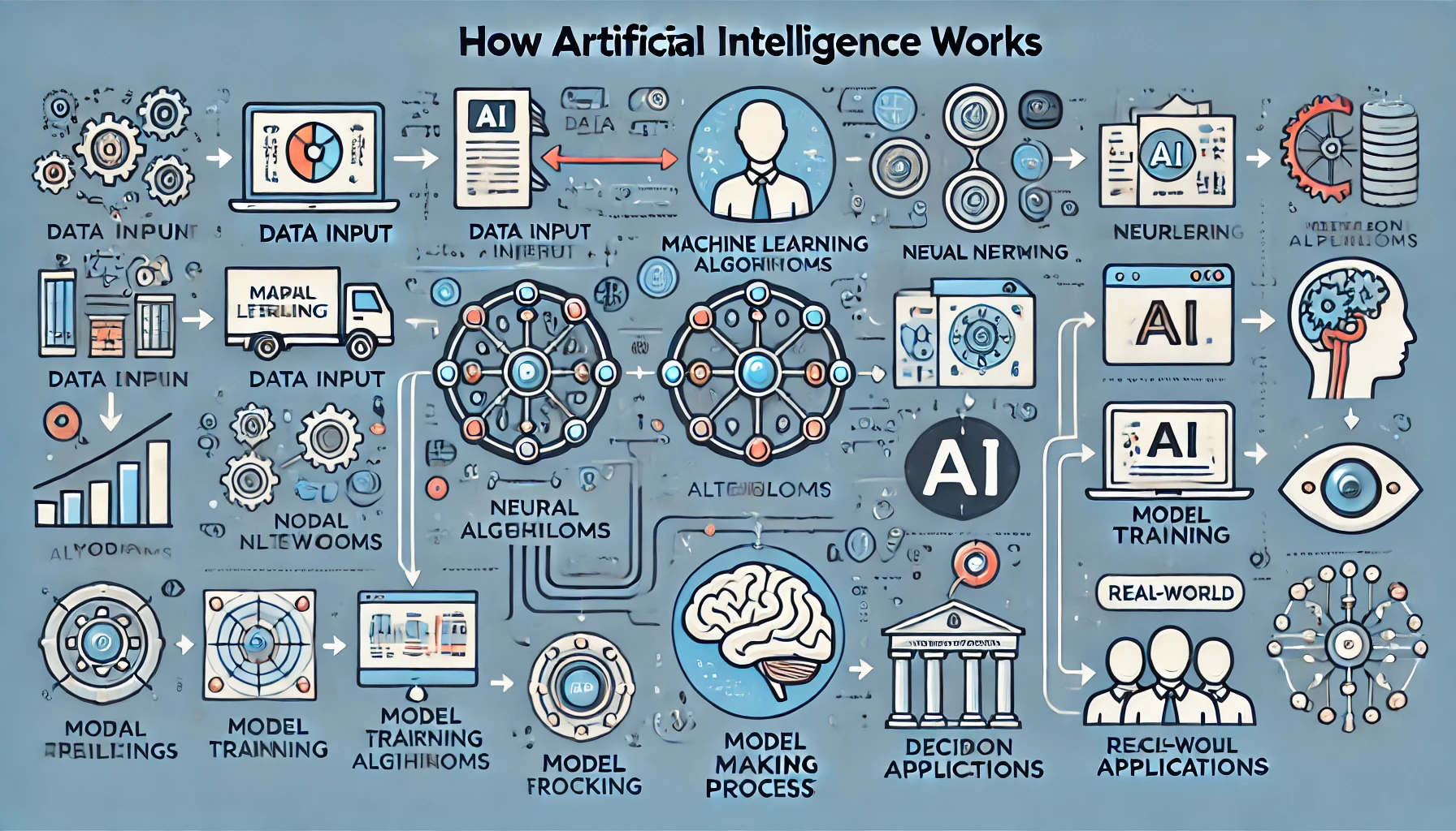 Infografica educativa che illustra il funzionamento dell’intelligenza artificiale, con diagrammi di dati, algoritmi di Machine Learning, reti neurali e applicazioni reali.