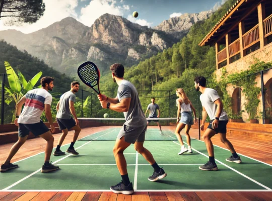 Viaggiatori che giocano a padel in un campo all’aperto, circondati da montagne e vegetazione lussureggiante