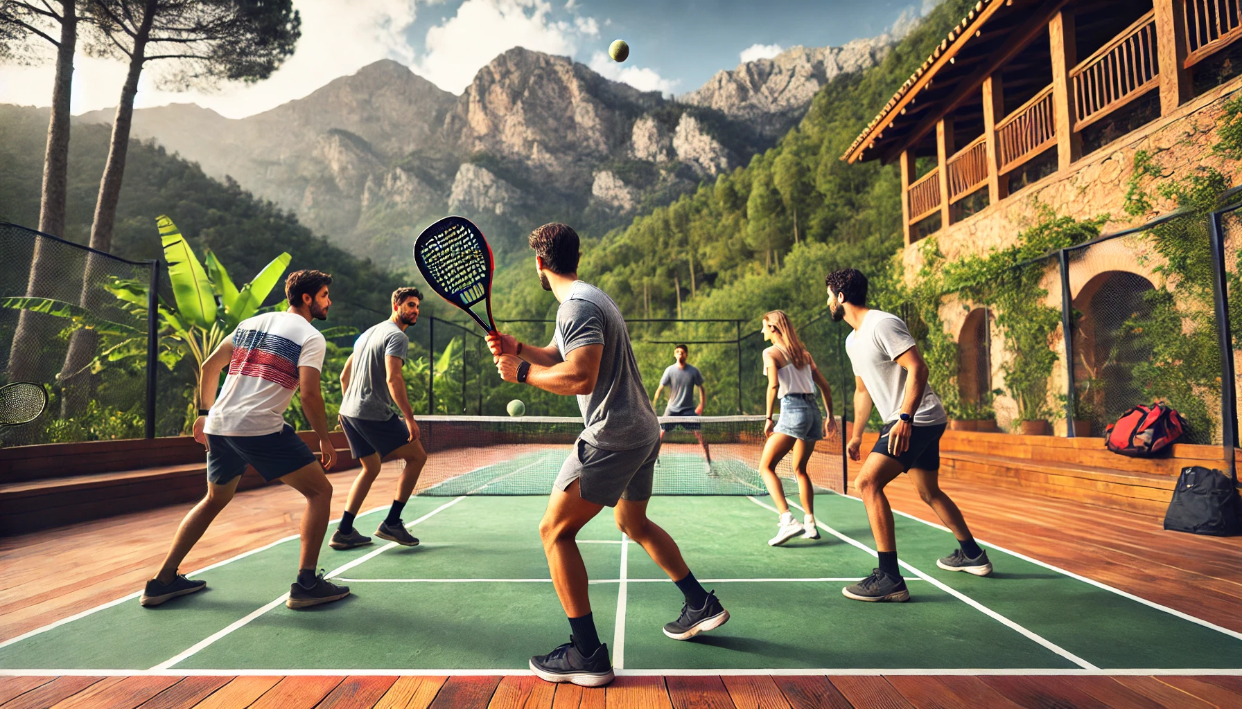 Viaggiatori che giocano a padel in un campo all’aperto, circondati da montagne e vegetazione lussureggiante