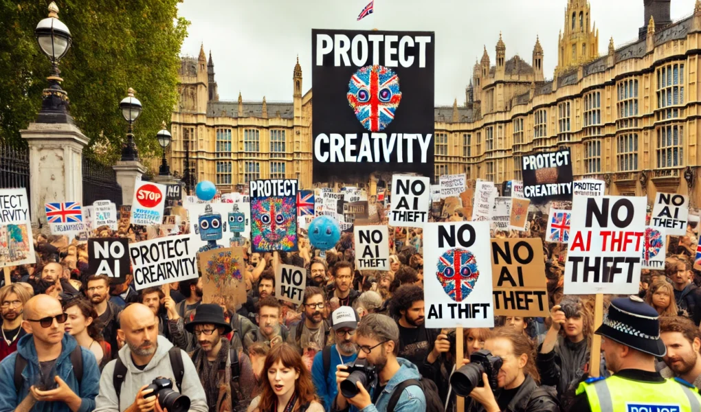 Protesta di artisti e giornalisti davanti a un edificio governativo nel Regno Unito contro l’uso dell’intelligenza artificiale nelle industrie creative.