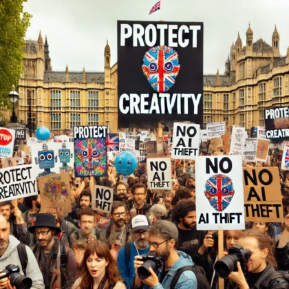 Protesta di artisti e giornalisti davanti a un edificio governativo nel Regno Unito contro l’uso dell’intelligenza artificiale nelle industrie creative.