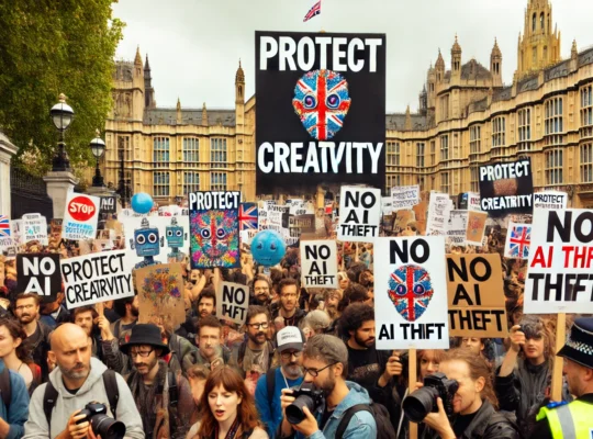 Protesta di artisti e giornalisti davanti a un edificio governativo nel Regno Unito contro l’uso dell’intelligenza artificiale nelle industrie creative.