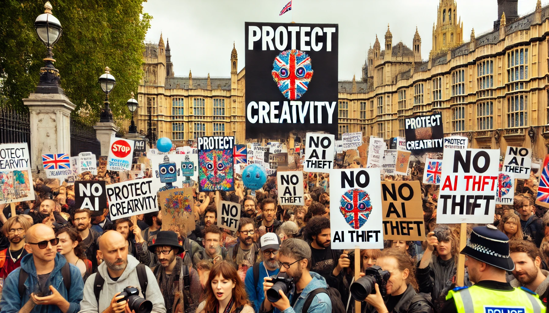 Protesta di artisti e giornalisti davanti a un edificio governativo nel Regno Unito contro l’uso dell’intelligenza artificiale nelle industrie creative.