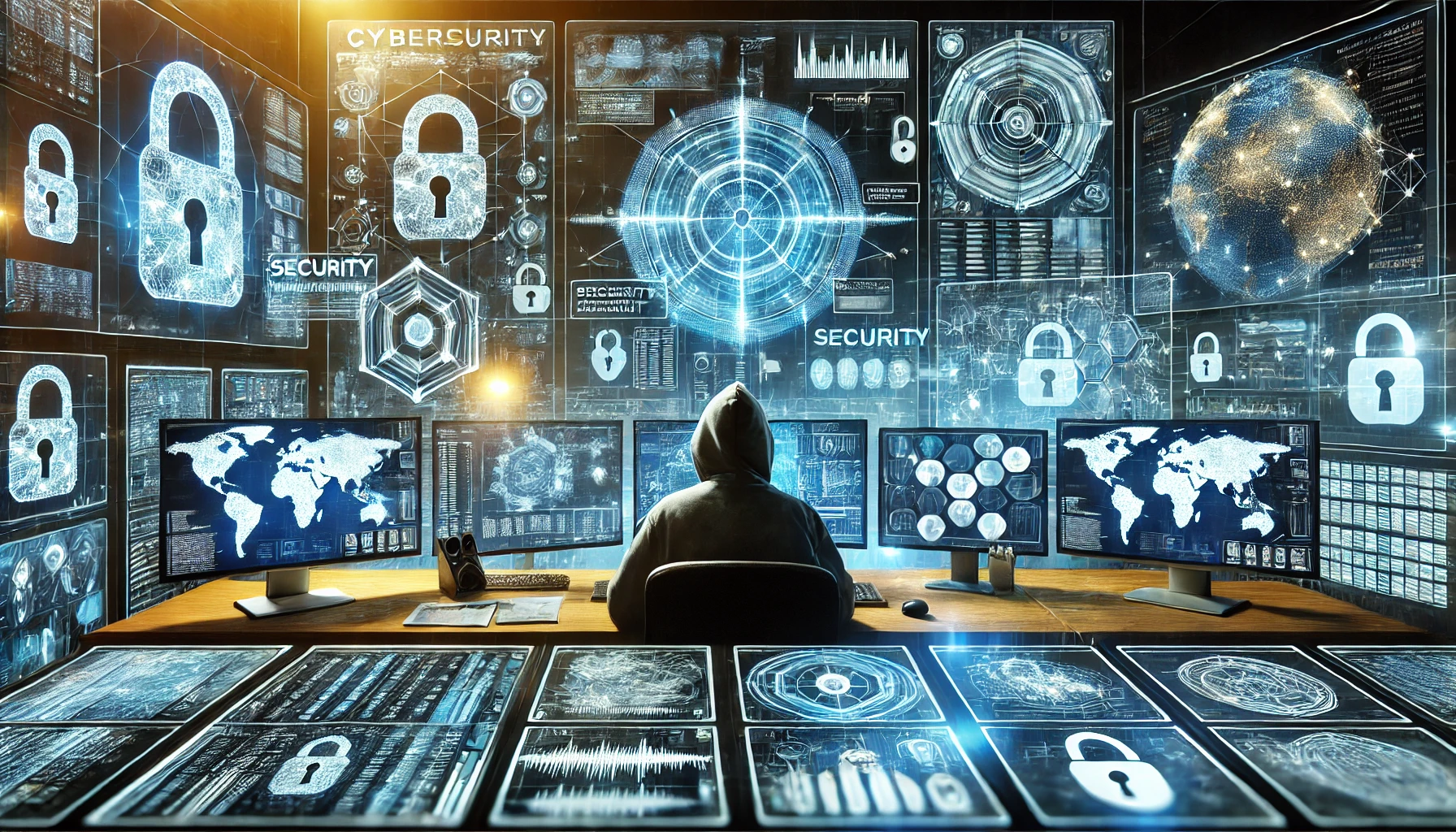 Sala di controllo della cybersecurity con esperto che monitora minacce in tempo reale, circondato da schermi con dati e allarmi di sicurezza.