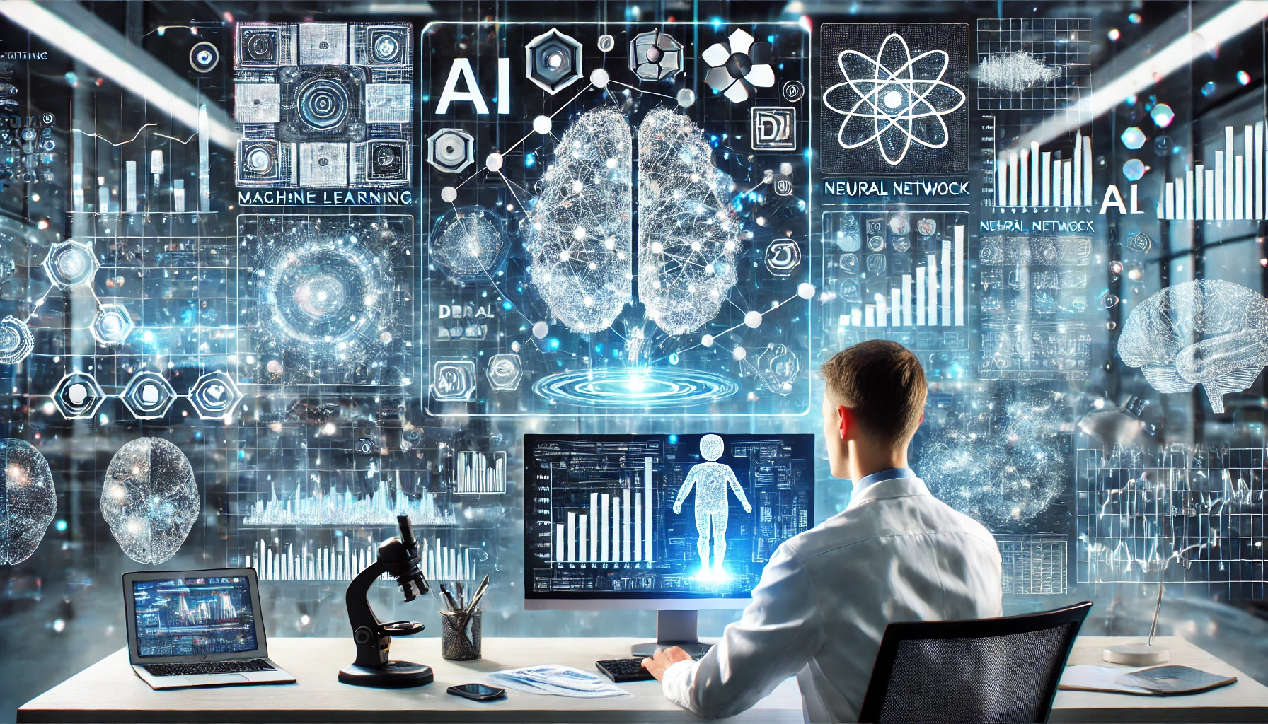 Scienziato che esamina un modello di Machine Learning con grafici digitali e connessioni di reti neurali in un laboratorio tecnologico.