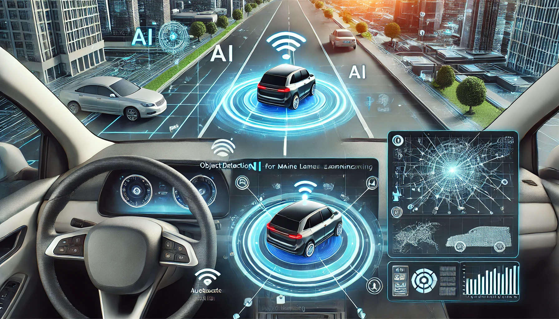 Auto a guida autonoma che utilizza il Machine Learning per la navigazione, con dashboard digitale e rilevamento in tempo reale.