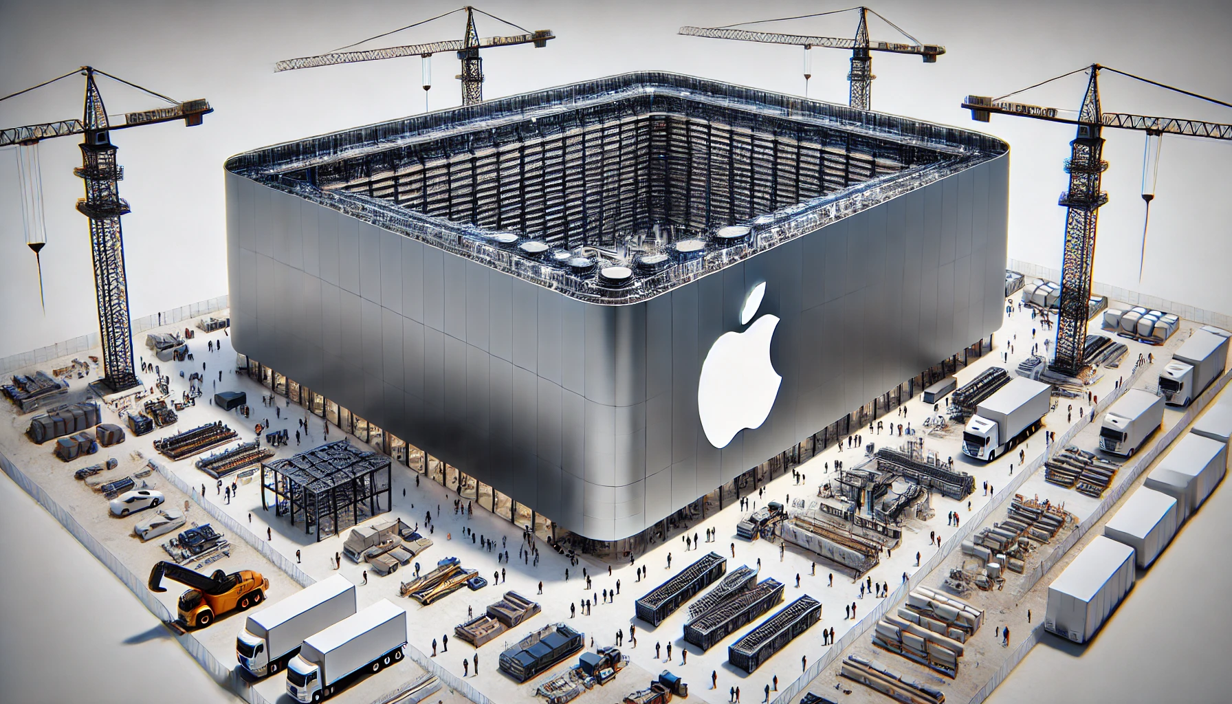 Vista esterna del nuovo data center Apple in costruzione in Texas, con gru, operai e strutture high-tech