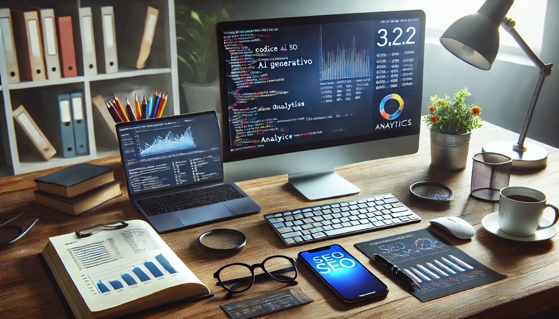 Un computer con codice AI generativo visibile sullo schermo, accanto a un taccuino con appunti SEO e uno smartphone con analytics.