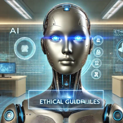 Rappresentazione fotorealistica di un umanoide AI con interfaccia digitale che mostra linee guida etiche, in un laboratorio futuristico con ologrammi.
