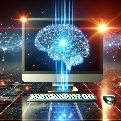 Rappresentazione di un'intelligenza artificiale avanzata con un computer quantistico e una rete neurale digitale