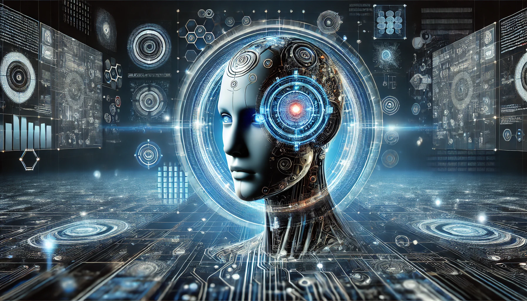 Visione futuristica dell'intelligenza artificiale con elementi cybernetici che rappresentano l'evoluzione della tecnologia.