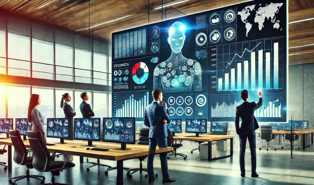 Grafico di crescita aziendale mostrato su uno schermo in un ufficio moderno, con un team di professionisti che analizza i dati basati sull'intelligenza artificiale.