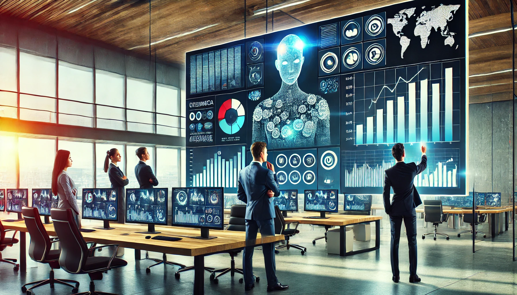 Grafico di crescita aziendale mostrato su uno schermo in un ufficio moderno, con un team di professionisti che analizza i dati basati sull'intelligenza artificiale.