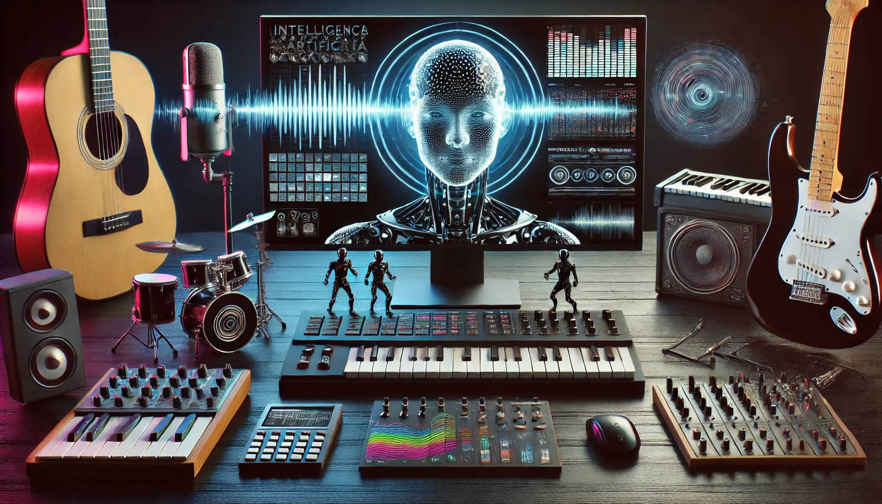 AI generativa che compone musica con onde sonore digitali visualizzate su uno schermo.