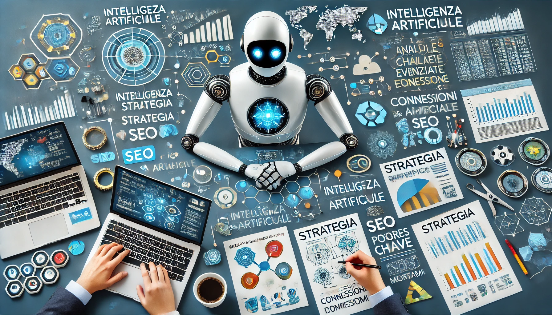 Un'intelligenza artificiale analizza una strategia SEO su uno schermo, evidenziando parole chiave e mostrando diagrammi di connessioni concettuali.