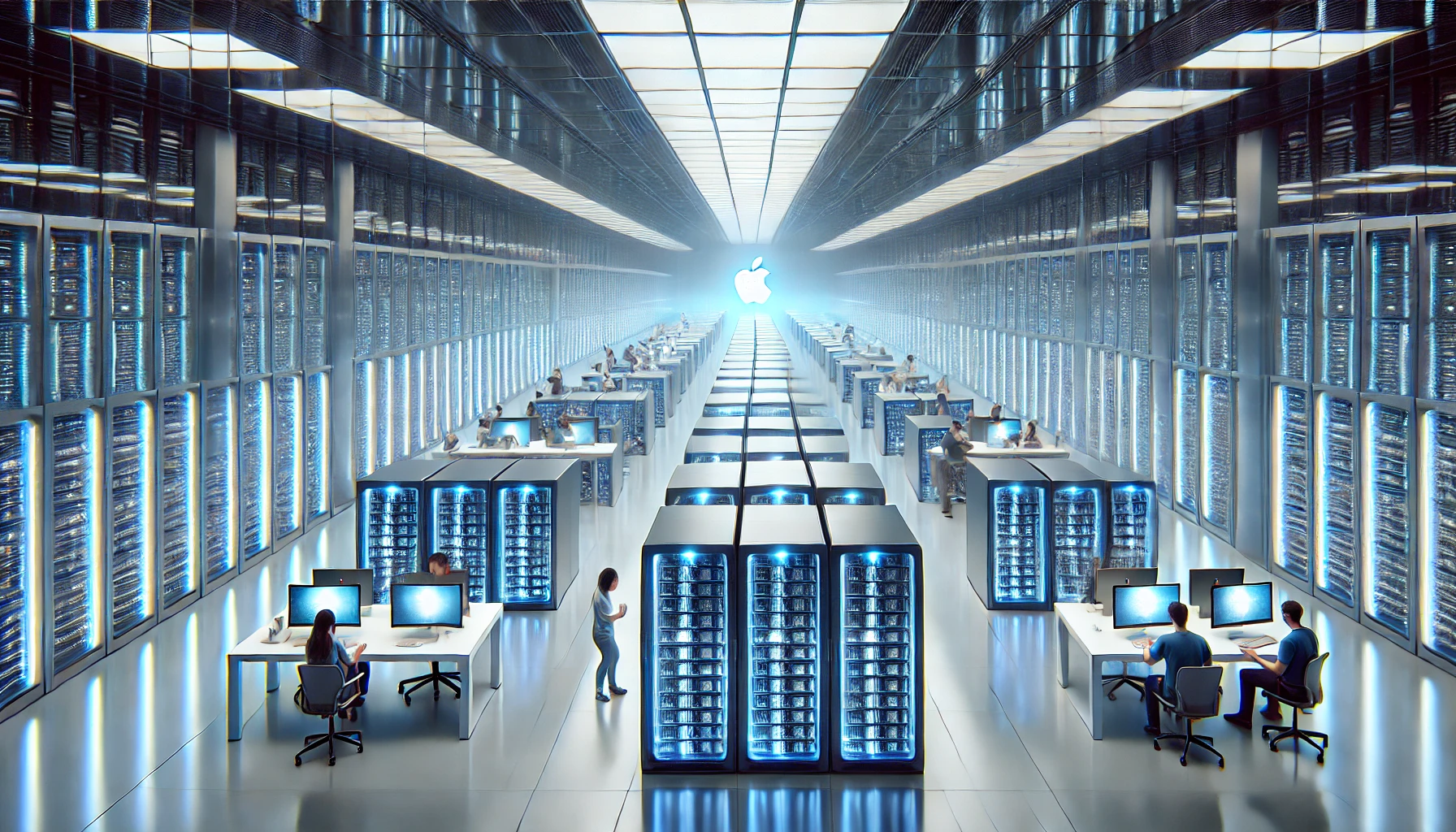 Interno futuristico del data center Apple con file di server illuminati e specialisti che lavorano su sistemi avanzati di Intelligenza Artificiale