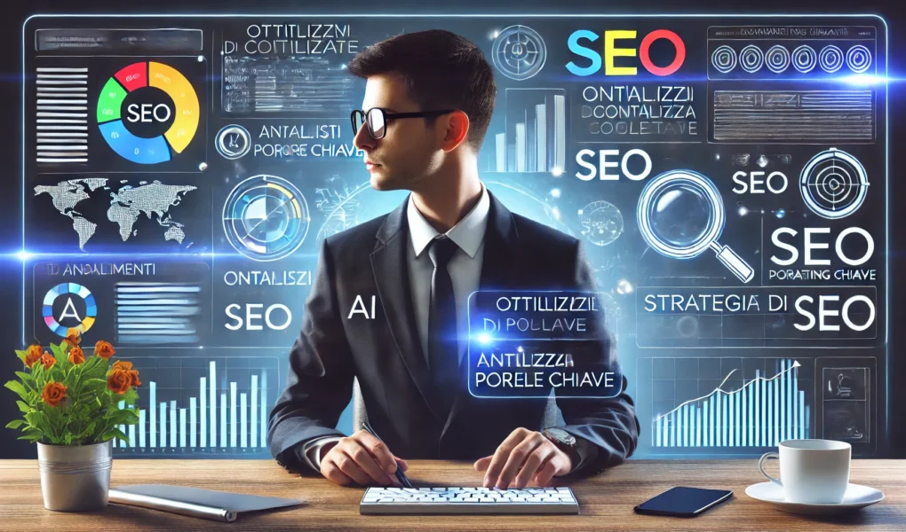 Un professionista del marketing digitale utilizza strumenti AI per analizzare parole chiave e strategie SEO su più schermi.