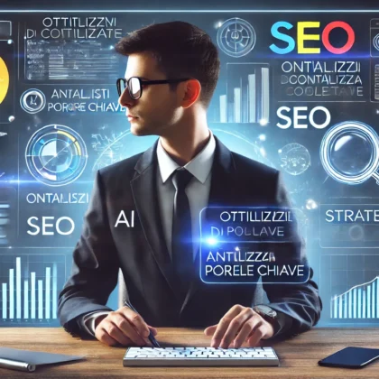 Un professionista del marketing digitale utilizza strumenti AI per analizzare parole chiave e strategie SEO su più schermi.