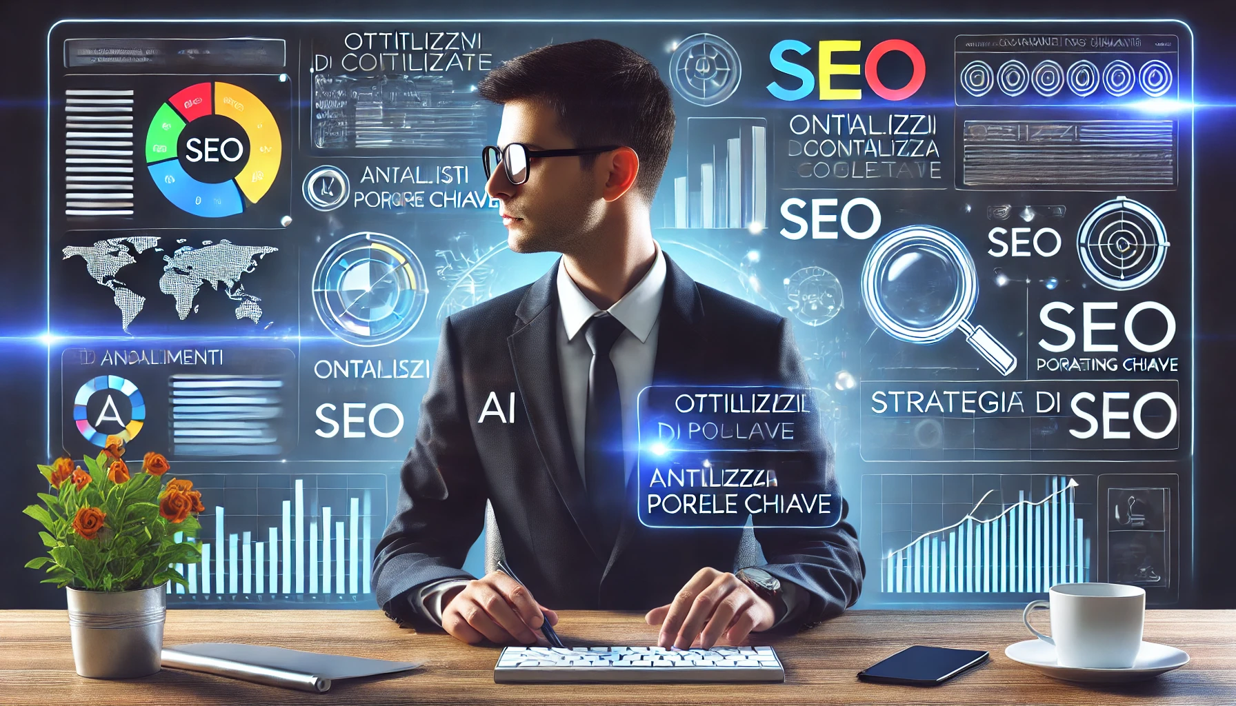 Un professionista del marketing digitale utilizza strumenti AI per analizzare parole chiave e strategie SEO su più schermi.