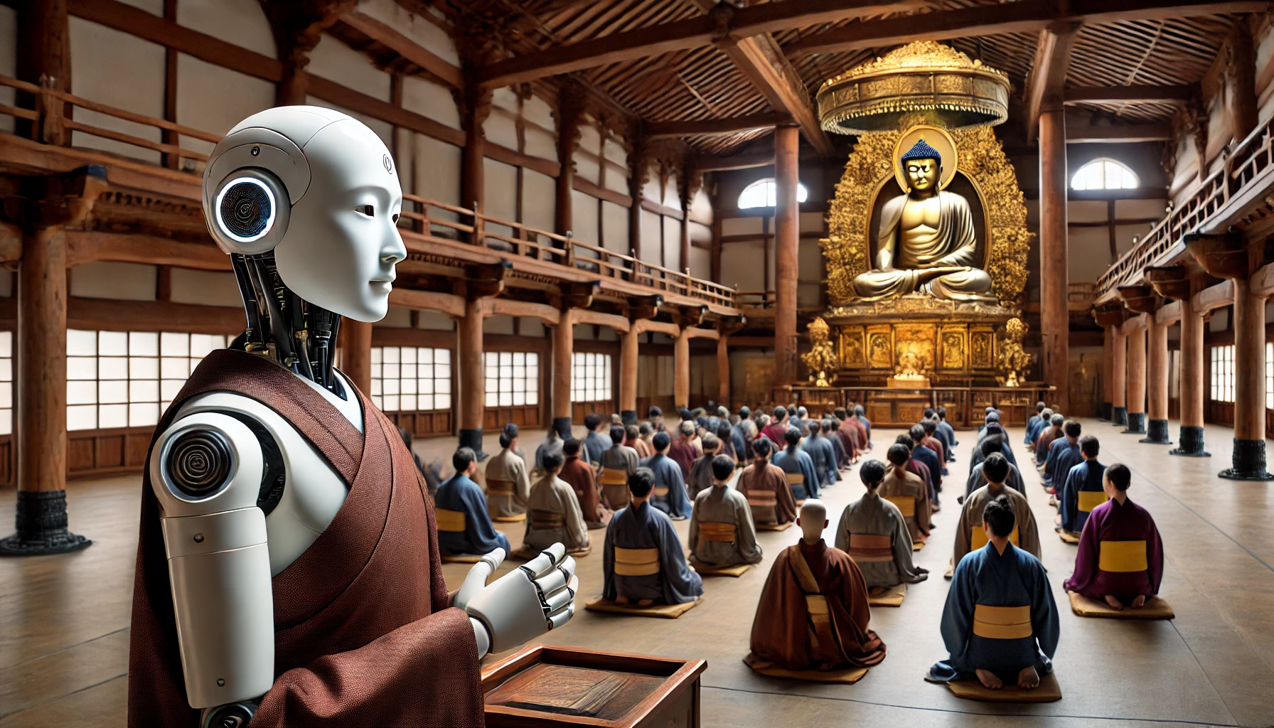 Il Robot Sacerdote Mindar mentre guida una cerimonia buddhista all'interno del Tempio Kodaiji, recitando sutra di fronte a un gruppo di fedeli.