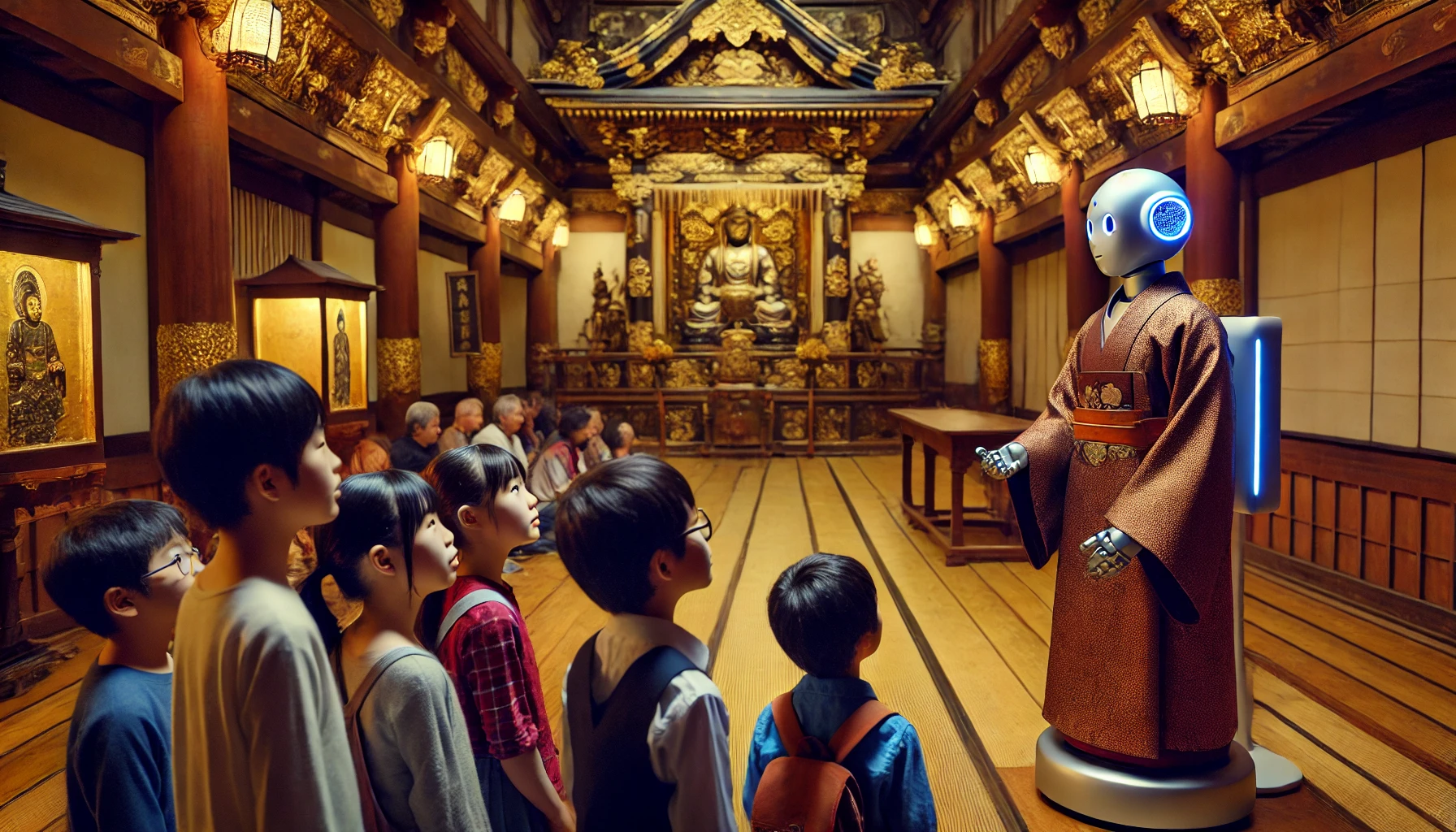 Il Robot Sacerdote Mindar interagisce con un gruppo di visitatori curiosi all'interno del Tempio Kodaiji, rispondendo alle loro domande sulla spiritualità e la tecnologia.