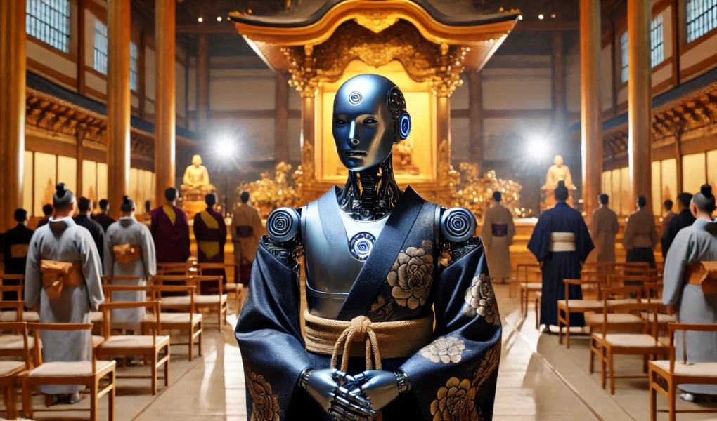 Il Robot Sacerdote Mindar in piedi davanti all'altare del Tempio Kodaiji in Giappone, illuminato da luci soffuse, con monaci e fedeli sullo sfondo.