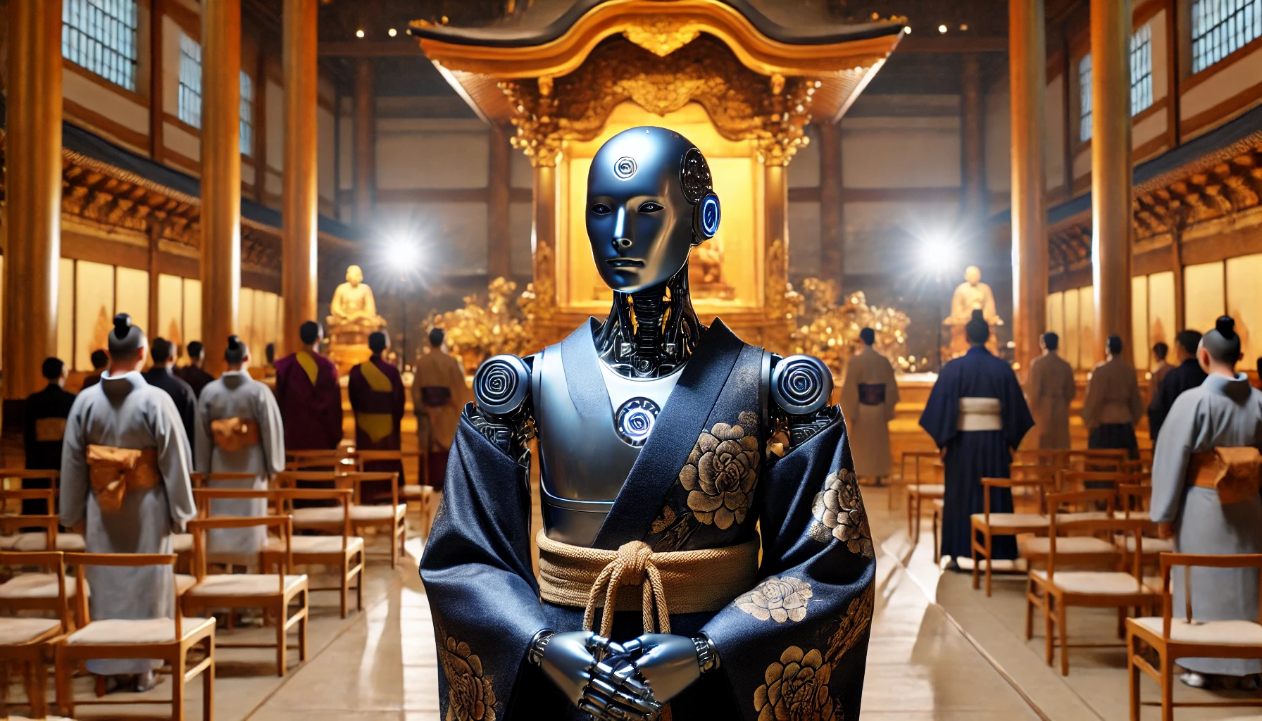 Il Robot Sacerdote Mindar in piedi davanti all'altare del Tempio Kodaiji in Giappone, illuminato da luci soffuse, con monaci e fedeli sullo sfondo.