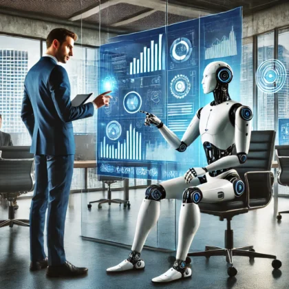 Ufficio futuristico con robot umanoidi e lavoratori umani che collaborano su un'interfaccia digitale, con una vista sulla città high-tech